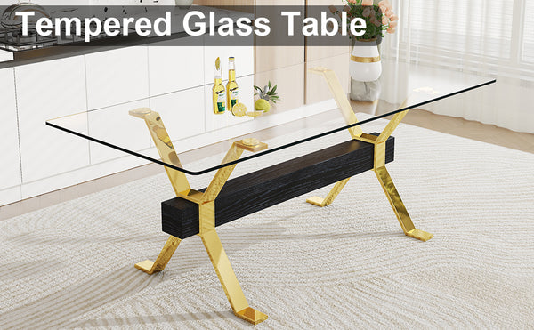 English Elm 1 Luxurious Modern Glass Dining Table & 8 White Pu Chairs With Gold Legs For Stylish Interiors W1151S00456