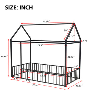 English Elm Twin Metal House Bed Frame with Roof & Fence — Playful Semi-Enclosed Kids Loft for Sleep & Play Black MF304315AAB