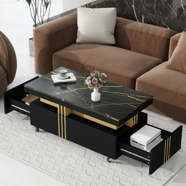 English Elm Faux Marble Rectangular Coffee Table with Gold Bars Drawers and Caster Wheels Black WF305961AAB