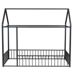 English Elm Twin Metal House Bed Frame with Roof & Fence — Playful Semi-Enclosed Kids Loft for Sleep & Play Black MF304315AAB