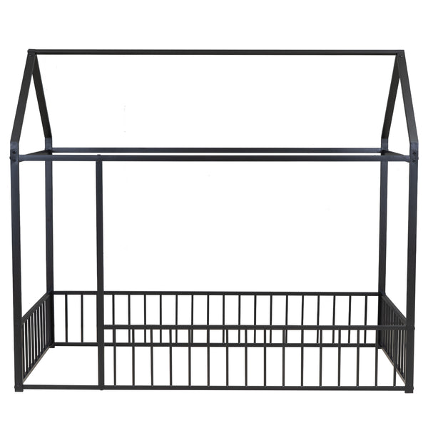 English Elm Twin Metal House Bed Frame with Roof & Fence — Playful Semi-Enclosed Kids Loft for Sleep & Play Black MF304315AAB