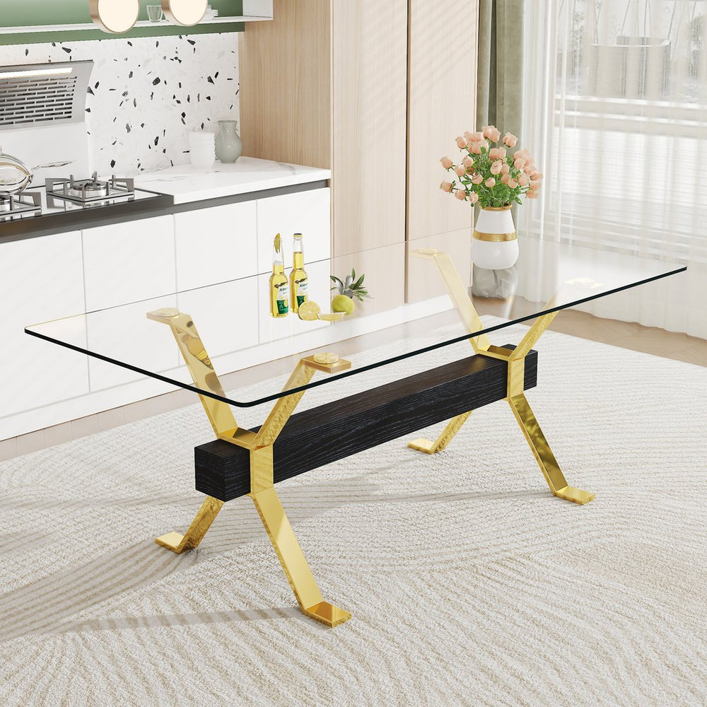 English Elm Dining Table - Stylish Tempered Glass Top With Gold-Plated Metal Legs For Modern Home & Office Use W1151S00260