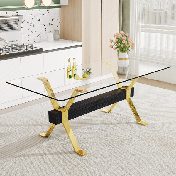 English Elm Dining Table - Stylish Tempered Glass Top With Gold-Plated Metal Legs For Modern Home & Office Use W1151S00260