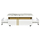 English Elm Contemporary Coffee Table With Faux Marble Top, Rectangle Cocktail Table With Caster Wheels, Moderate Luxury Center Table With Gold Metal Bars For Living Room, White