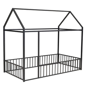 English Elm Twin Metal House Bed Frame with Roof & Fence — Playful Semi-Enclosed Kids Loft for Sleep & Play Black MF304315AAB