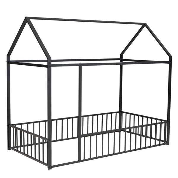 English Elm Twin Metal House Bed Frame with Roof & Fence — Playful Semi-Enclosed Kids Loft for Sleep & Play Black MF304315AAB