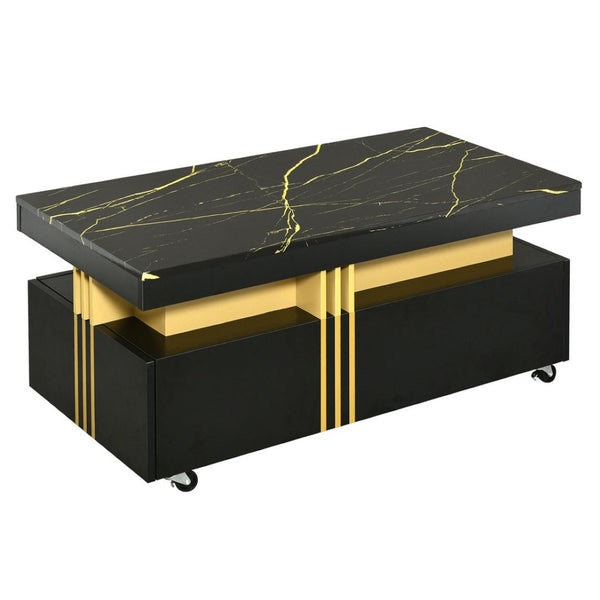 English Elm Faux Marble Rectangular Coffee Table with Gold Bars Drawers and Caster Wheels Black WF305961AAB
