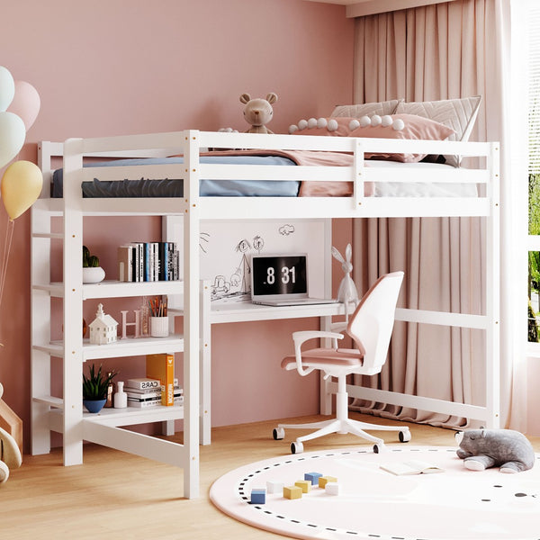 English Elm Full Size Pine Wood Loft Bed with Study Desk Shelving and Dry Erase Board LT000321AAK