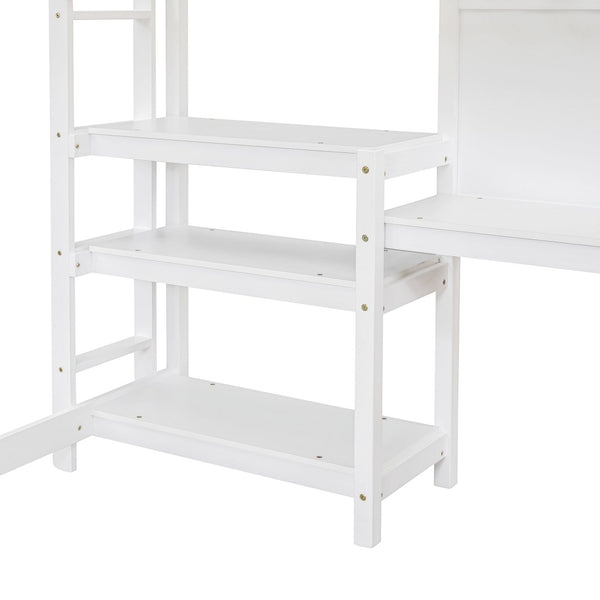 English Elm Full Size Pine Wood Loft Bed with Study Desk Shelving and Dry Erase Board LT000321AAK
