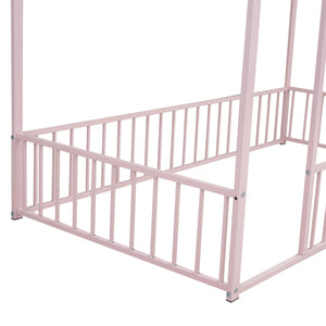 English Elm Twin Metal House Bed Frame with Roof & Fence — Playful Semi-Enclosed Kids Loft for Sleep & Play Pink MF304315AAH
