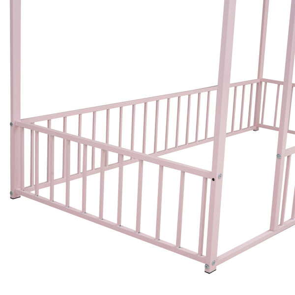 English Elm Twin Metal House Bed Frame with Roof & Fence — Playful Semi-Enclosed Kids Loft for Sleep & Play Pink MF304315AAH