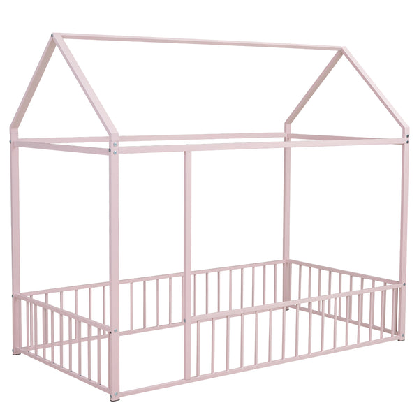 English Elm Twin Metal House Bed Frame with Roof & Fence — Playful Semi-Enclosed Kids Loft for Sleep & Play Pink MF304315AAH