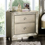 English Elm Glam Champagne Gray Finish 1 Piece Nightstand Antique Mirror Panels Ring Pull Handles Bedroom Furniture