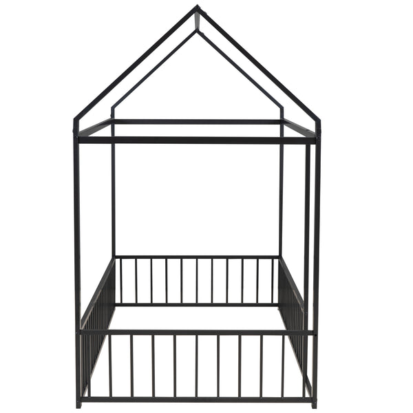 English Elm Twin Metal House Bed Frame with Roof & Fence — Playful Semi-Enclosed Kids Loft for Sleep & Play Black MF304315AAB
