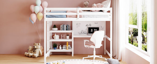 English Elm Full Size Pine Wood Loft Bed with Study Desk Shelving and Dry Erase Board LT000321AAK