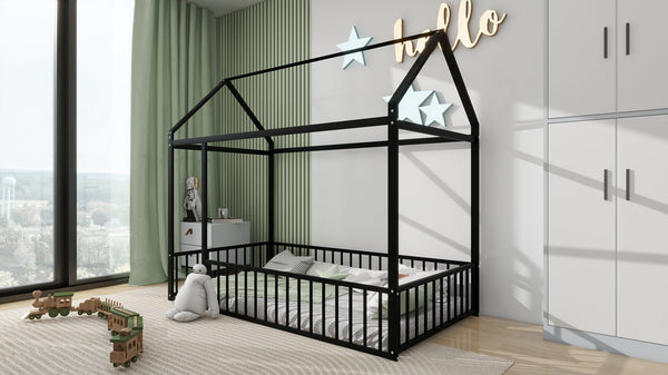 English Elm Twin Metal House Bed Frame with Roof & Fence — Playful Semi-Enclosed Kids Loft for Sleep & Play Black MF304315AAB