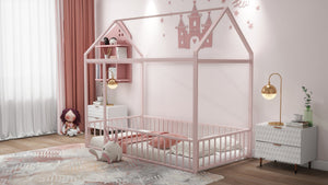 English Elm Twin Metal House Bed Frame with Roof & Fence — Playful Semi-Enclosed Kids Loft for Sleep & Play Pink MF304315AAH