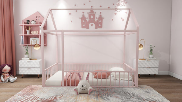 English Elm Twin Metal House Bed Frame with Roof & Fence — Playful Semi-Enclosed Kids Loft for Sleep & Play Pink MF304315AAH