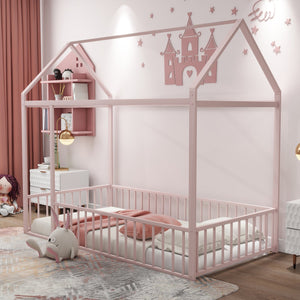 English Elm Twin Metal House Bed Frame with Roof & Fence — Playful Semi-Enclosed Kids Loft for Sleep & Play Pink MF304315AAH
