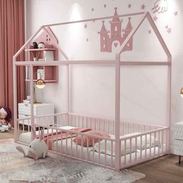 English Elm Twin Metal House Bed Frame with Roof & Fence — Playful Semi-Enclosed Kids Loft for Sleep & Play Pink MF304315AAH