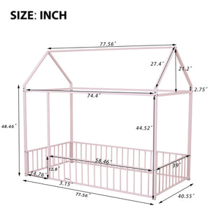 English Elm Twin Metal House Bed Frame with Roof & Fence — Playful Semi-Enclosed Kids Loft for Sleep & Play Pink MF304315AAH