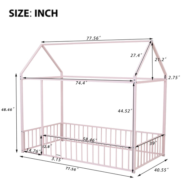 English Elm Twin Metal House Bed Frame with Roof & Fence — Playful Semi-Enclosed Kids Loft for Sleep & Play Pink MF304315AAH