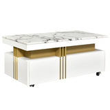 English Elm Contemporary Coffee Table With Faux Marble Top, Rectangle Cocktail Table With Caster Wheels, Moderate Luxury Center Table With Gold Metal Bars For Living Room, White