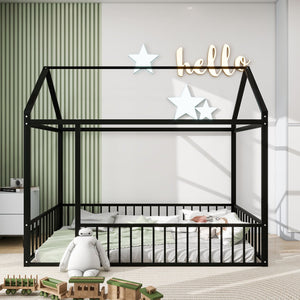 English Elm Twin Metal House Bed Frame with Roof & Fence — Playful Semi-Enclosed Kids Loft for Sleep & Play Black MF304315AAB