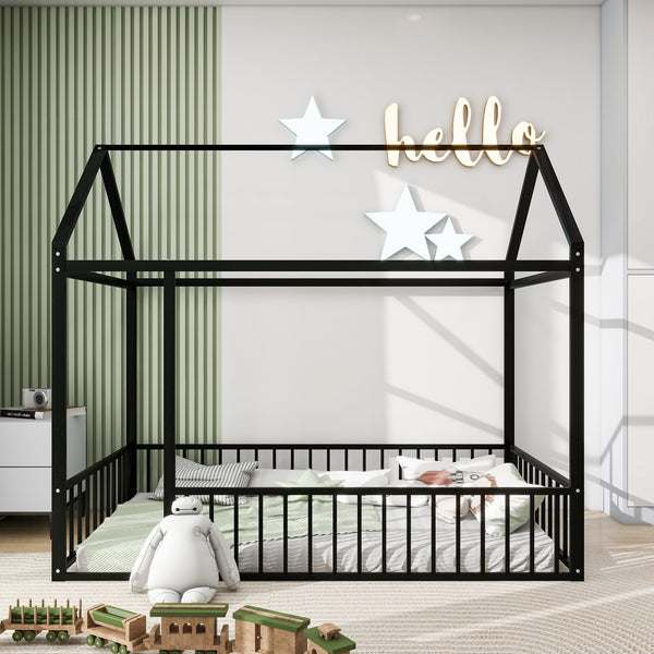 English Elm Twin Metal House Bed Frame with Roof & Fence — Playful Semi-Enclosed Kids Loft for Sleep & Play Black MF304315AAB