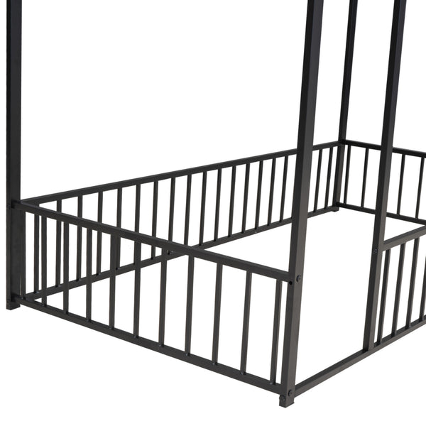 English Elm Twin Metal House Bed Frame with Roof & Fence — Playful Semi-Enclosed Kids Loft for Sleep & Play Black MF304315AAB