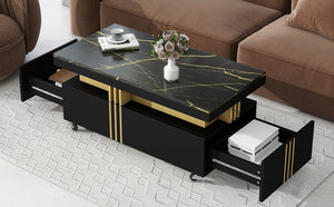 English Elm Faux Marble Rectangular Coffee Table with Gold Bars Drawers and Caster Wheels Black WF305961AAB