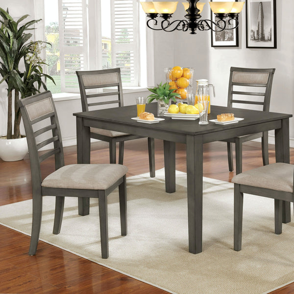 English Elm 5 Pc Weathered Gray Dining Set with Solid Wood Table & Beige Padded Slat Back Chairs, Rustic Chic Comfort B011115506