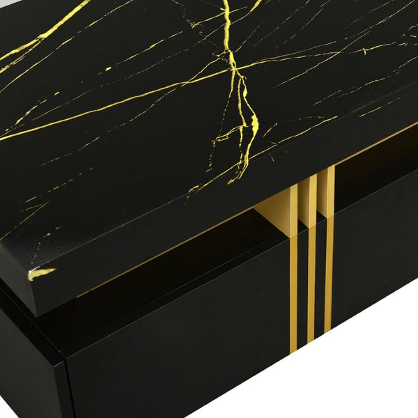 English Elm Faux Marble Rectangular Coffee Table with Gold Bars Drawers and Caster Wheels Black WF305961AAB