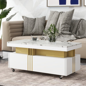 English Elm Contemporary Coffee Table With Faux Marble Top, Rectangle Cocktail Table With Caster Wheels, Moderate Luxury Center Table With Gold Metal Bars For Living Room, White