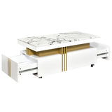 English Elm Contemporary Coffee Table With Faux Marble Top, Rectangle Cocktail Table With Caster Wheels, Moderate Luxury Center Table With Gold Metal Bars For Living Room, White