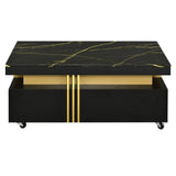 English Elm Contemporary Coffee Table With Faux Marble Top, Rectangle Cocktail Table With Caster Wheels, Moderate Luxury Center Table With Gold Metal Bars For Living Room, Black