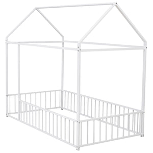English Elm Twin Metal House Bed Frame with Roof & Fence — Playful Semi-Enclosed Kids Loft for Sleep & Play White MF304315AAK