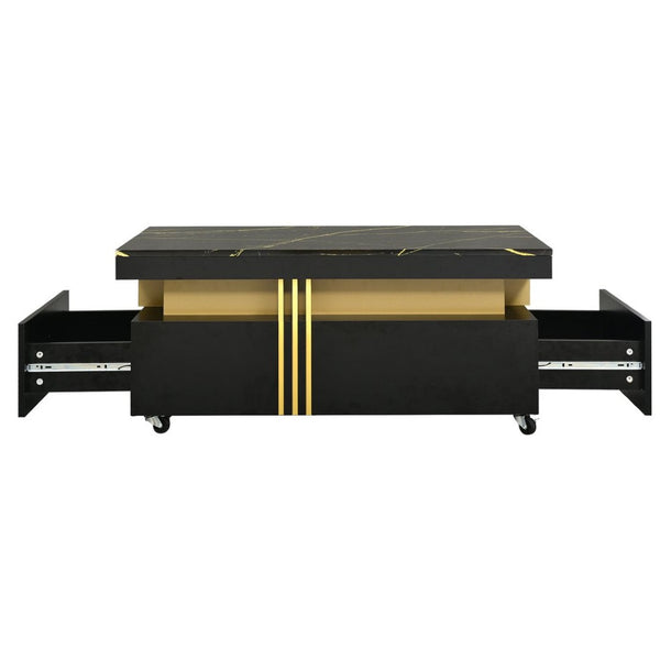 English Elm Faux Marble Rectangular Coffee Table with Gold Bars Drawers and Caster Wheels Black WF305961AAB