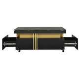 English Elm Contemporary Coffee Table With Faux Marble Top, Rectangle Cocktail Table With Caster Wheels, Moderate Luxury Center Table With Gold Metal Bars For Living Room, Black