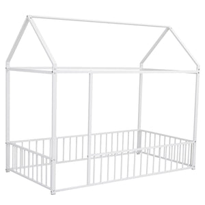 English Elm Twin Metal House Bed Frame with Roof & Fence — Playful Semi-Enclosed Kids Loft for Sleep & Play White MF304315AAK