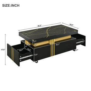 English Elm Faux Marble Rectangular Coffee Table with Gold Bars Drawers and Caster Wheels Black WF305961AAB