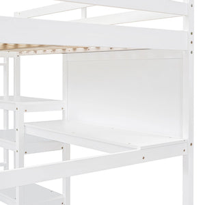 English Elm Full Size Pine Wood Loft Bed with Study Desk Shelving and Dry Erase Board LT000321AAK