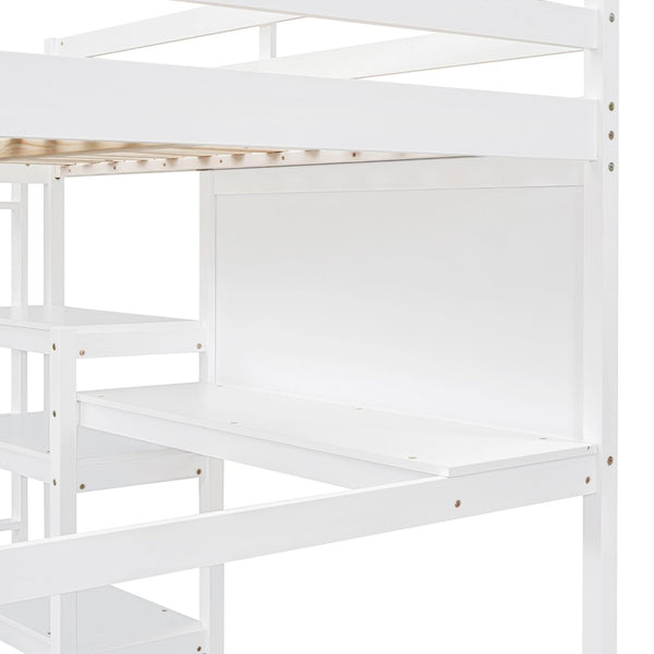 English Elm Full Size Pine Wood Loft Bed with Study Desk Shelving and Dry Erase Board LT000321AAK