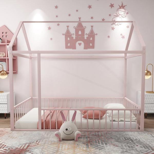 English Elm Twin Metal House Bed Frame with Roof & Fence — Playful Semi-Enclosed Kids Loft for Sleep & Play Pink MF304315AAH