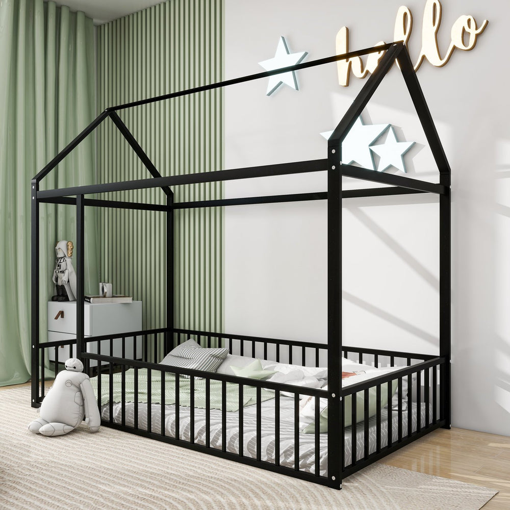 English Elm Twin Metal House Bed Frame with Roof & Fence — Playful Semi-Enclosed Kids Loft for Sleep & Play Black MF304315AAB