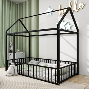 English Elm Twin Metal House Bed Frame with Roof & Fence — Playful Semi-Enclosed Kids Loft for Sleep & Play Black MF304315AAB