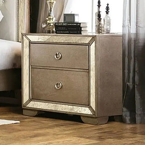 English Elm Glam Champagne Gray Finish 1 Piece Nightstand Antique Mirror Panels Ring Pull Handles Bedroom Furniture