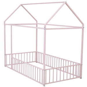 English Elm Twin Metal House Bed Frame with Roof & Fence — Playful Semi-Enclosed Kids Loft for Sleep & Play Pink MF304315AAH