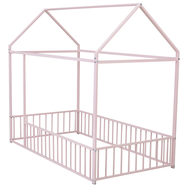 English Elm Twin Metal House Bed Frame with Roof & Fence — Playful Semi-Enclosed Kids Loft for Sleep & Play Pink MF304315AAH
