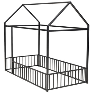 English Elm Twin Metal House Bed Frame with Roof & Fence — Playful Semi-Enclosed Kids Loft for Sleep & Play Black MF304315AAB